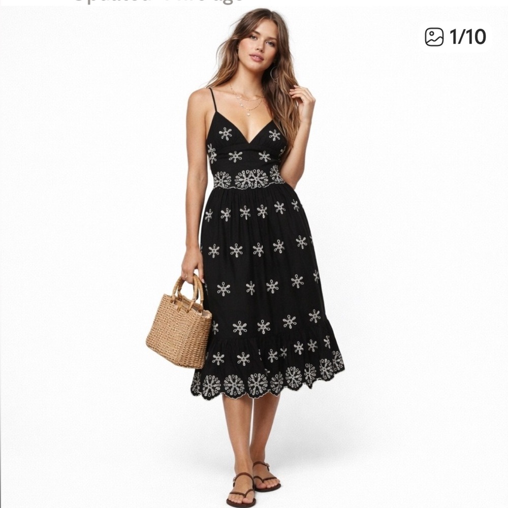 Zara Small Black Midi Dress with Floral Embroidery and Tie Back